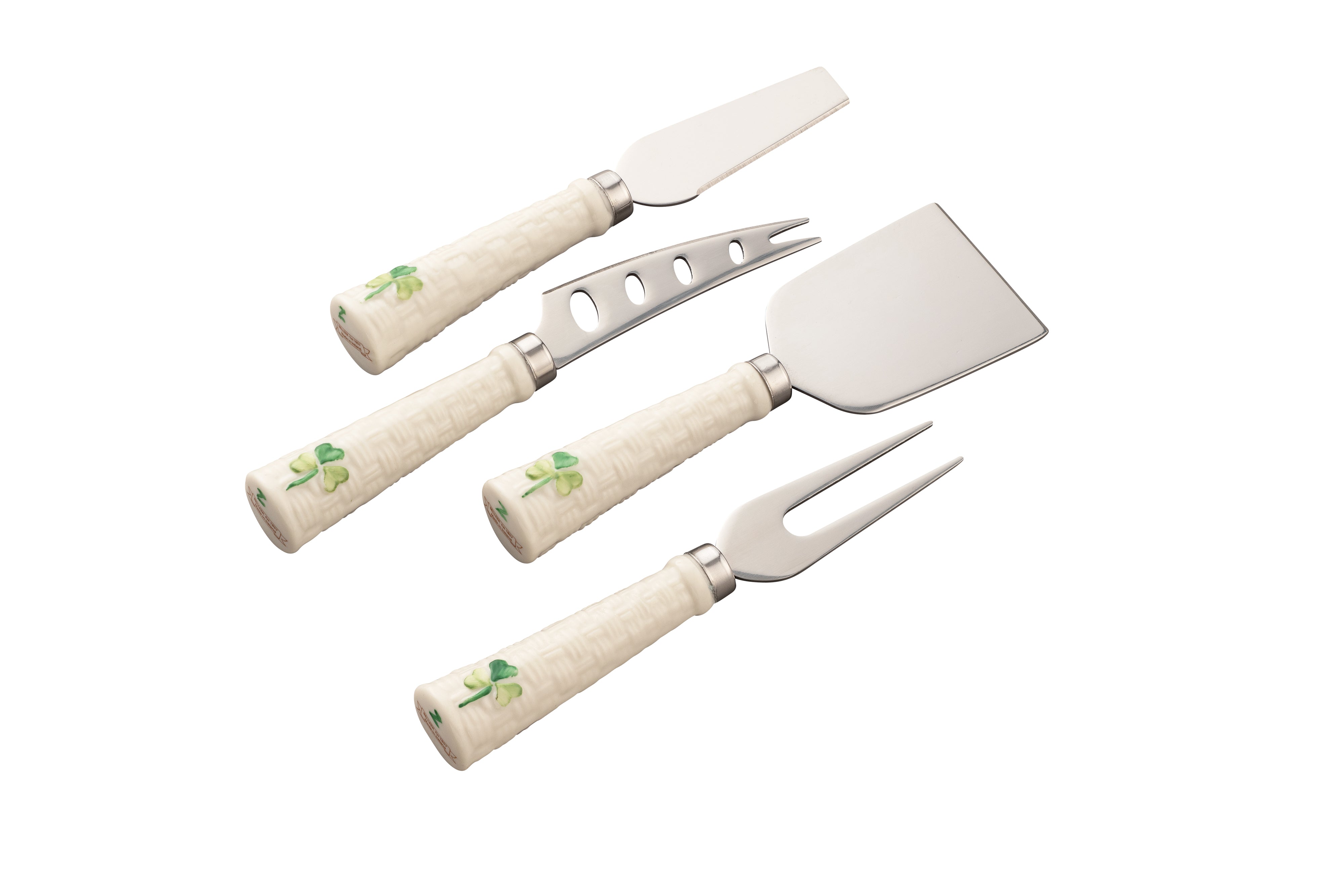 Set of four cheese tools with decorative handles on a white background