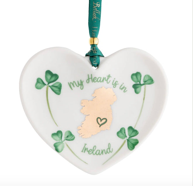 Heart-shaped ornament with shamrocks and 'My Heart is in Ireland' text on a white background