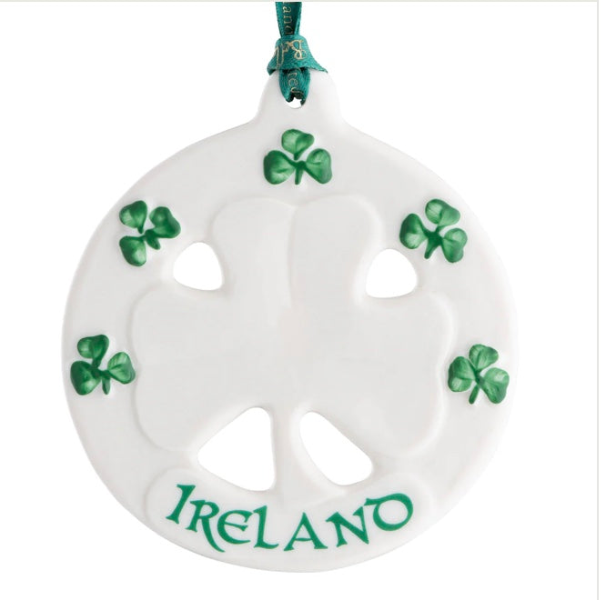 White ornament with green shamrocks and 'IRELAND' text on a white background