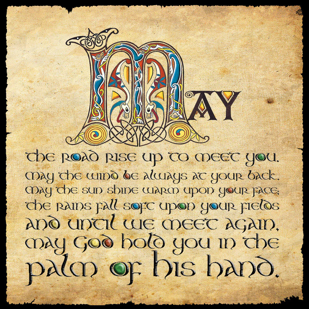 Decorative text with 'MAY' in ornate lettering on a textured background