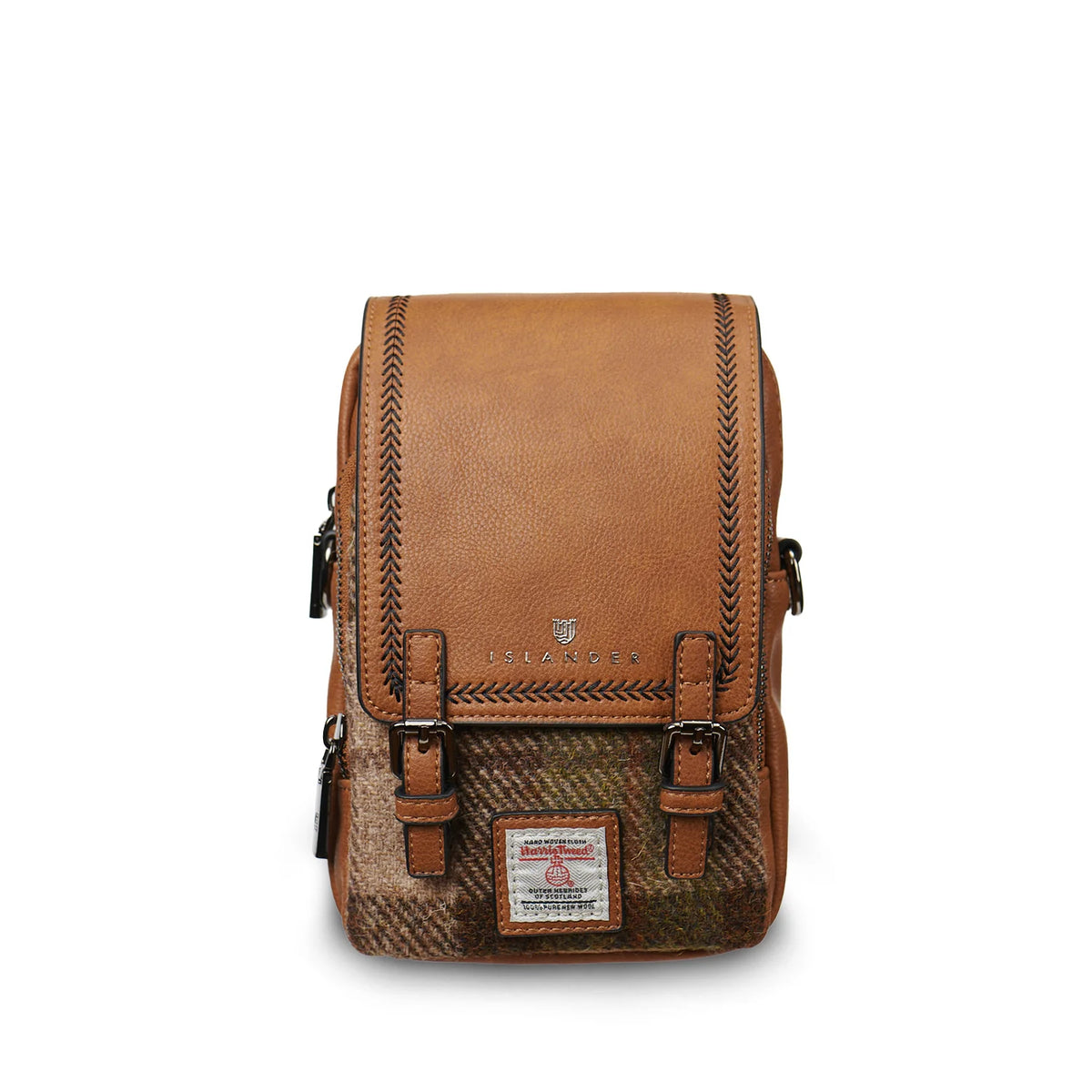 Brown leather backpack with woven pattern on a white background
