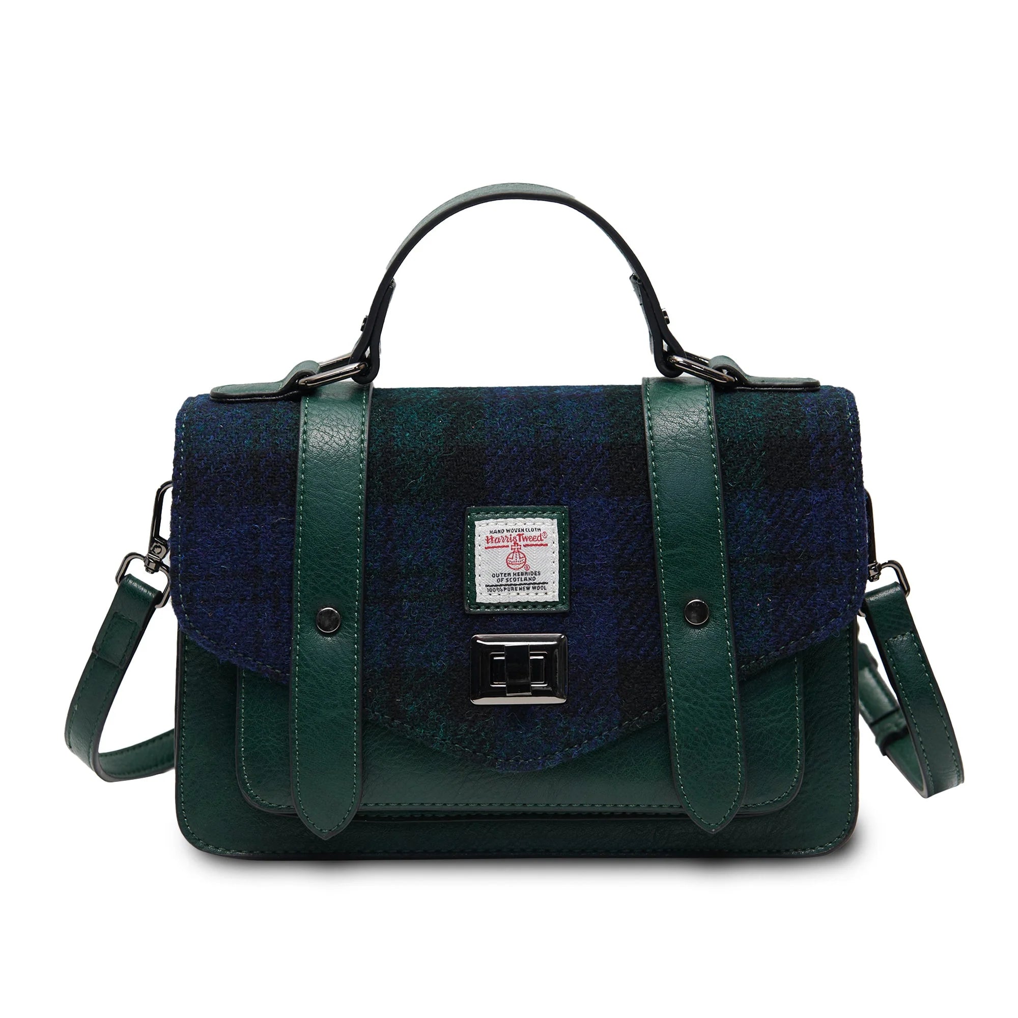 Green and blue checkered handbag with a visible brand label on a white background