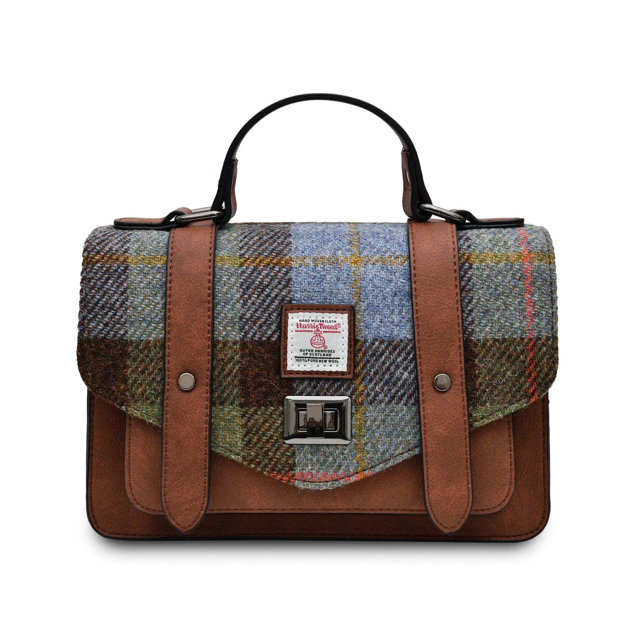 Plaid handbag with brown leather straps and a visible brand label on a white background