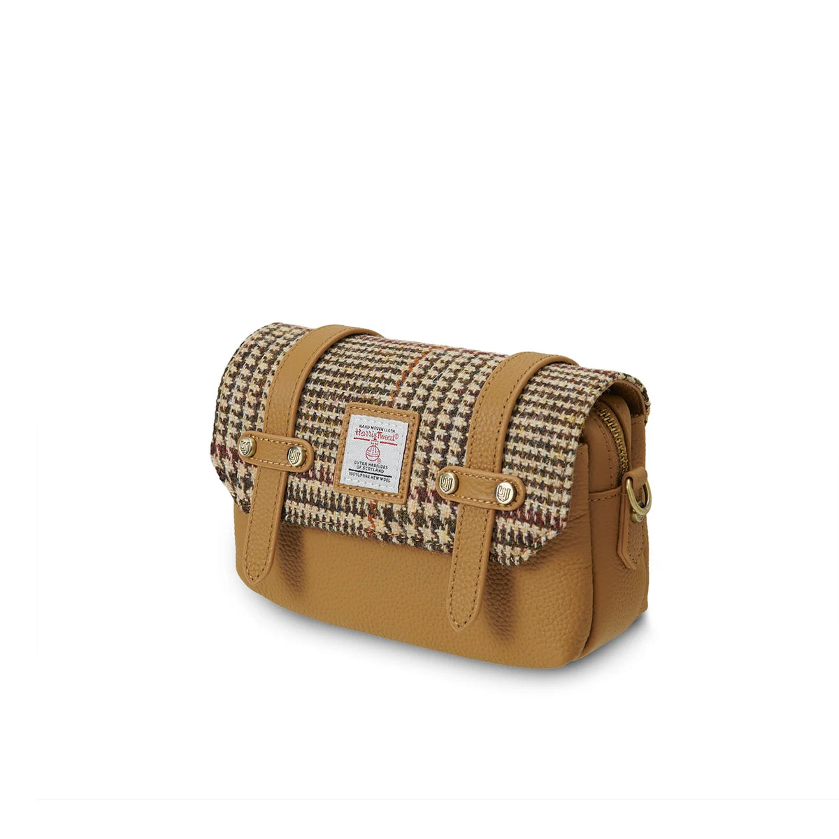 Brown leather bag with houndstooth pattern on a white background