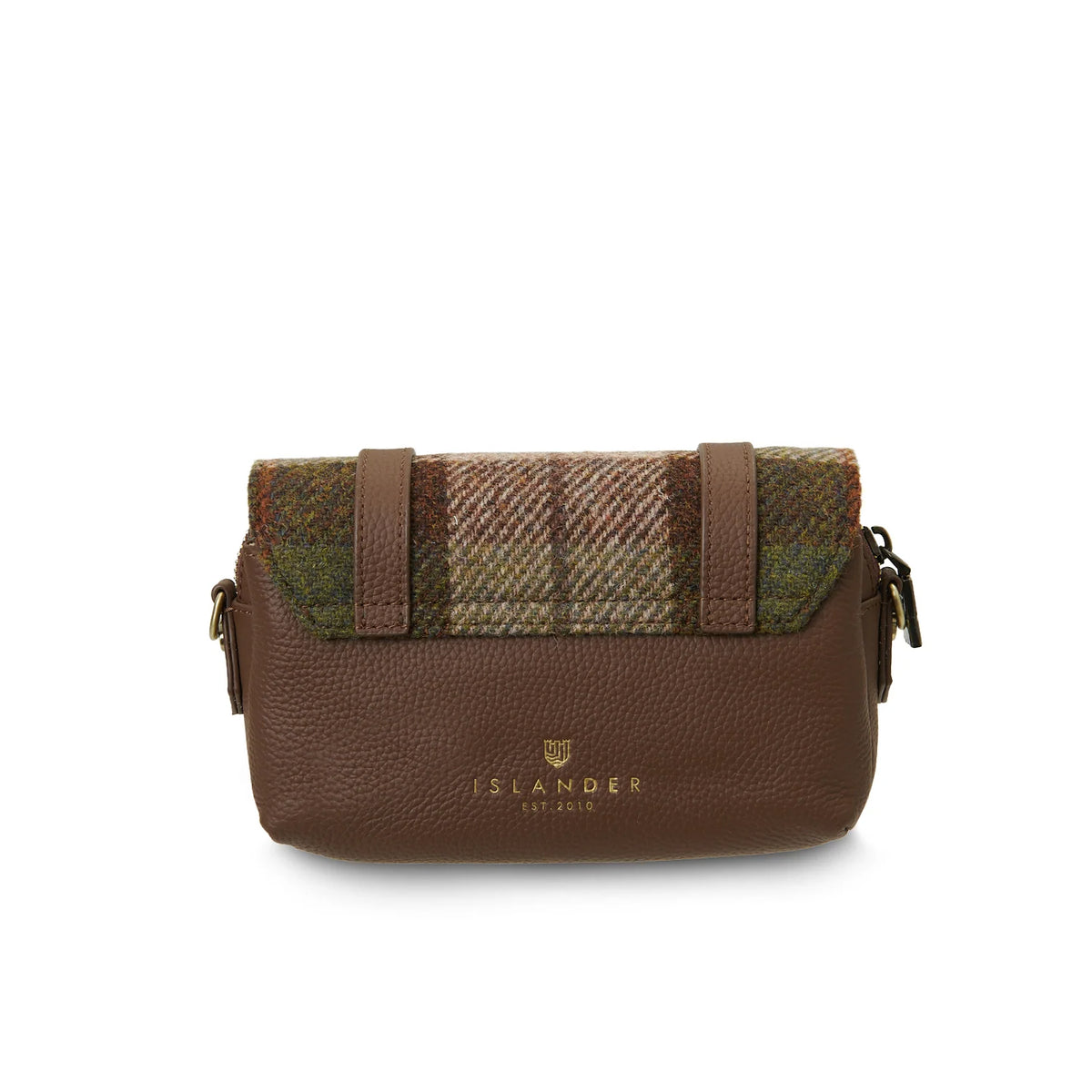 Brown leather and plaid fabric bag with 'Islander' branding on a white background