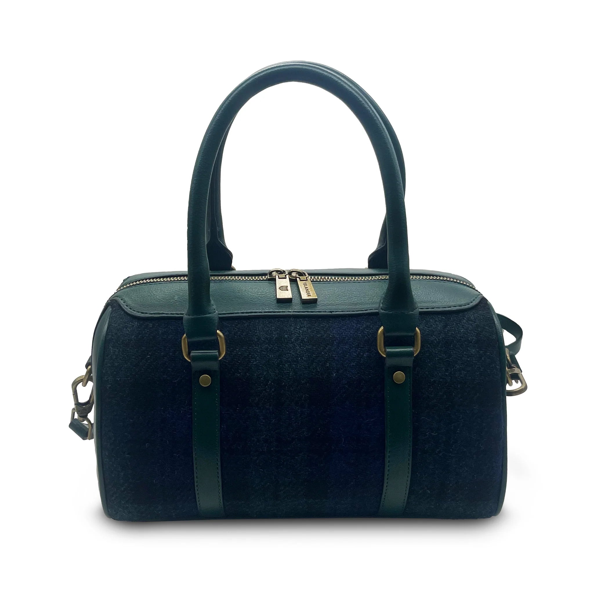 Black watch plaid tartan handbag with gold accents on a white background