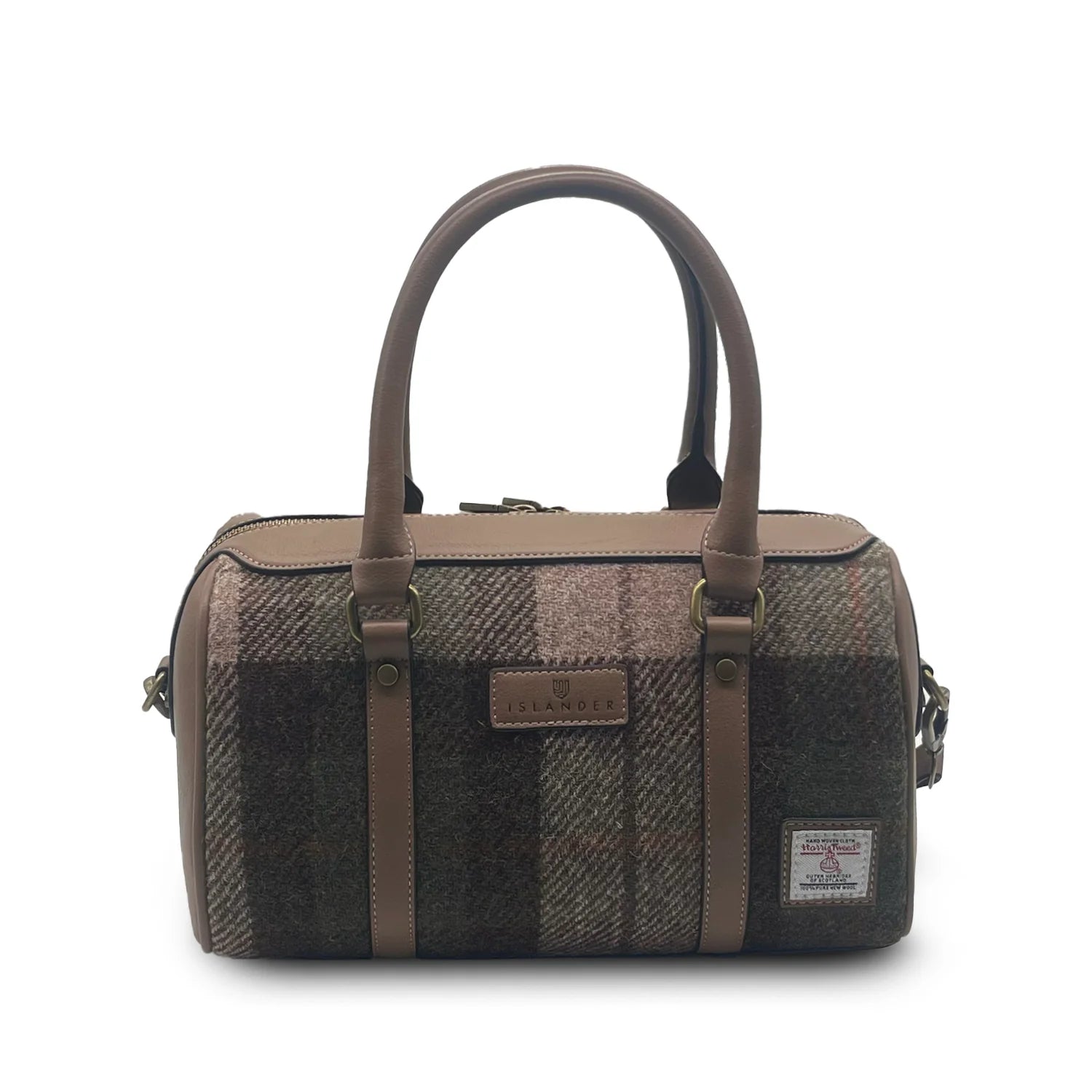 Chestnut tartan plaid handbag with brown straps on a white background