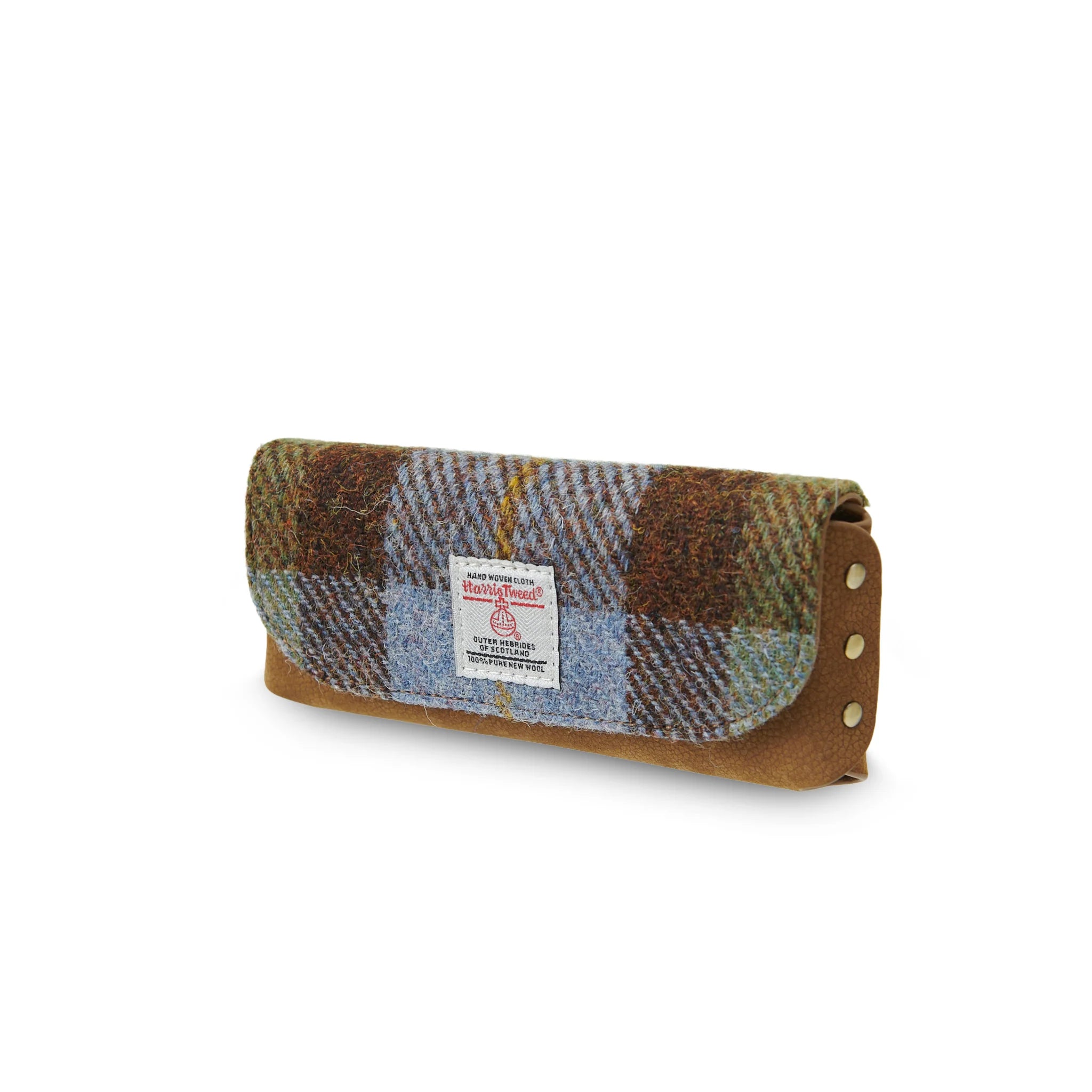 Plaid eyeglass case with a visible brand label on a white background