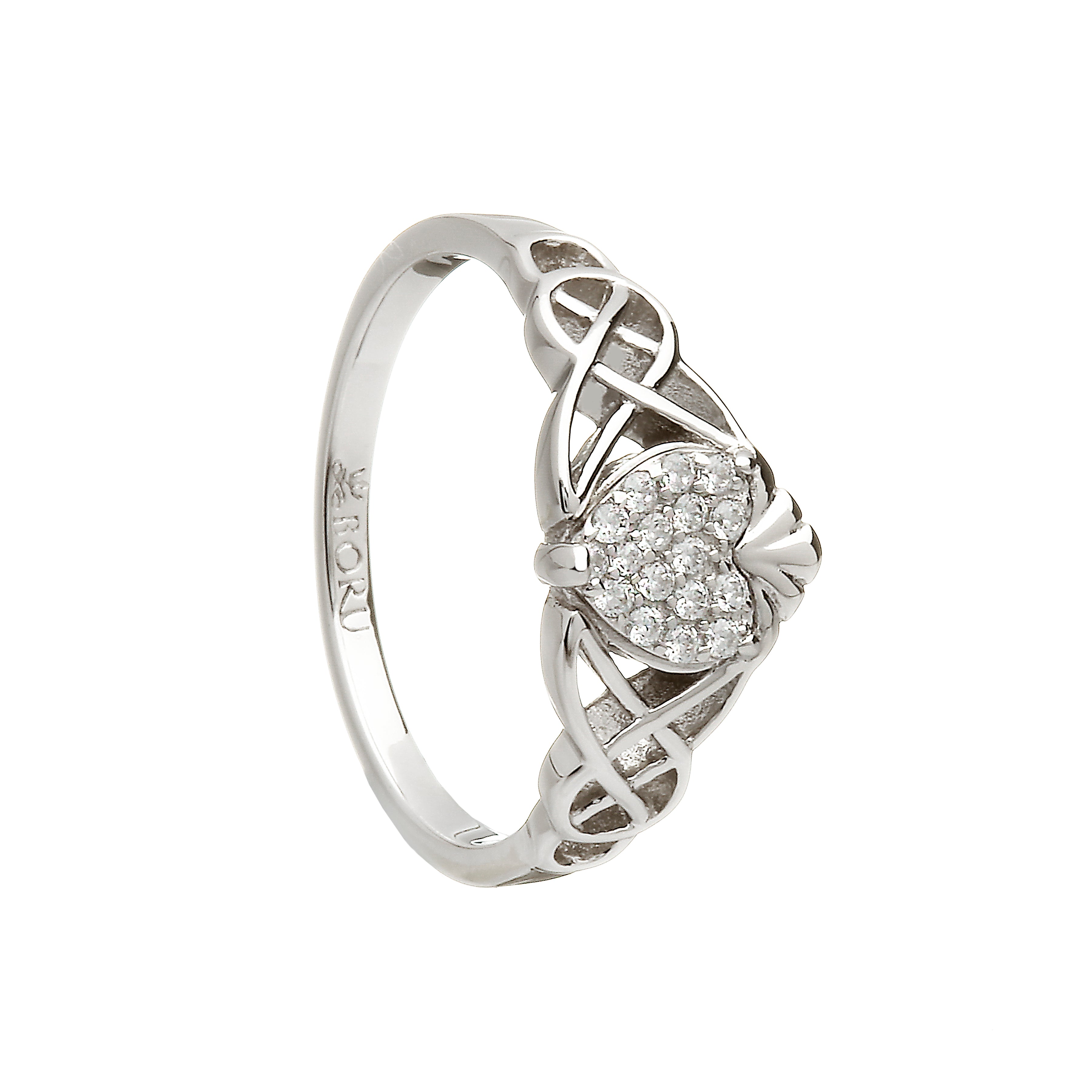 Silver claddagh ring with intricate design and small diamonds on a white background
