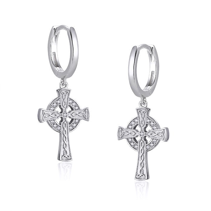 Silver hoop earrings with Celtic cross charms on a white background