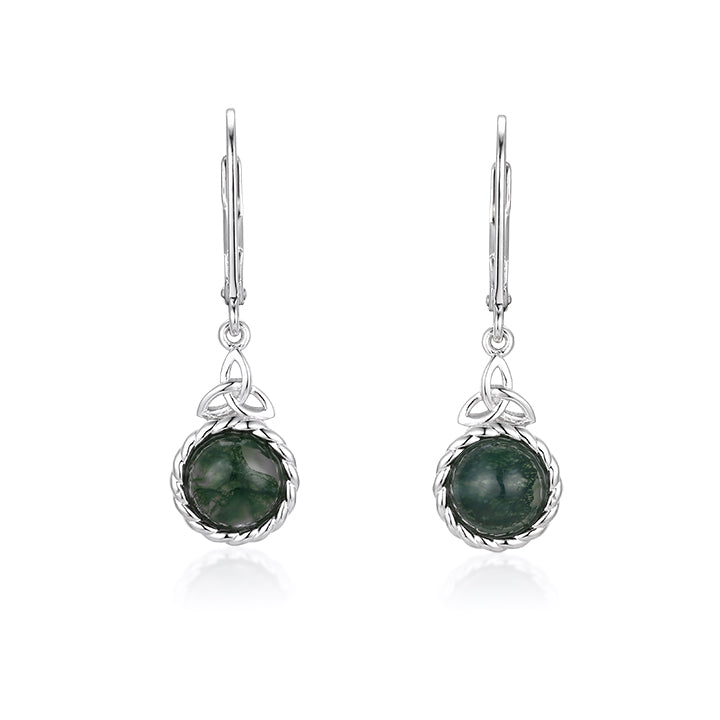 Pair of silver earrings with green gemstones on a white background