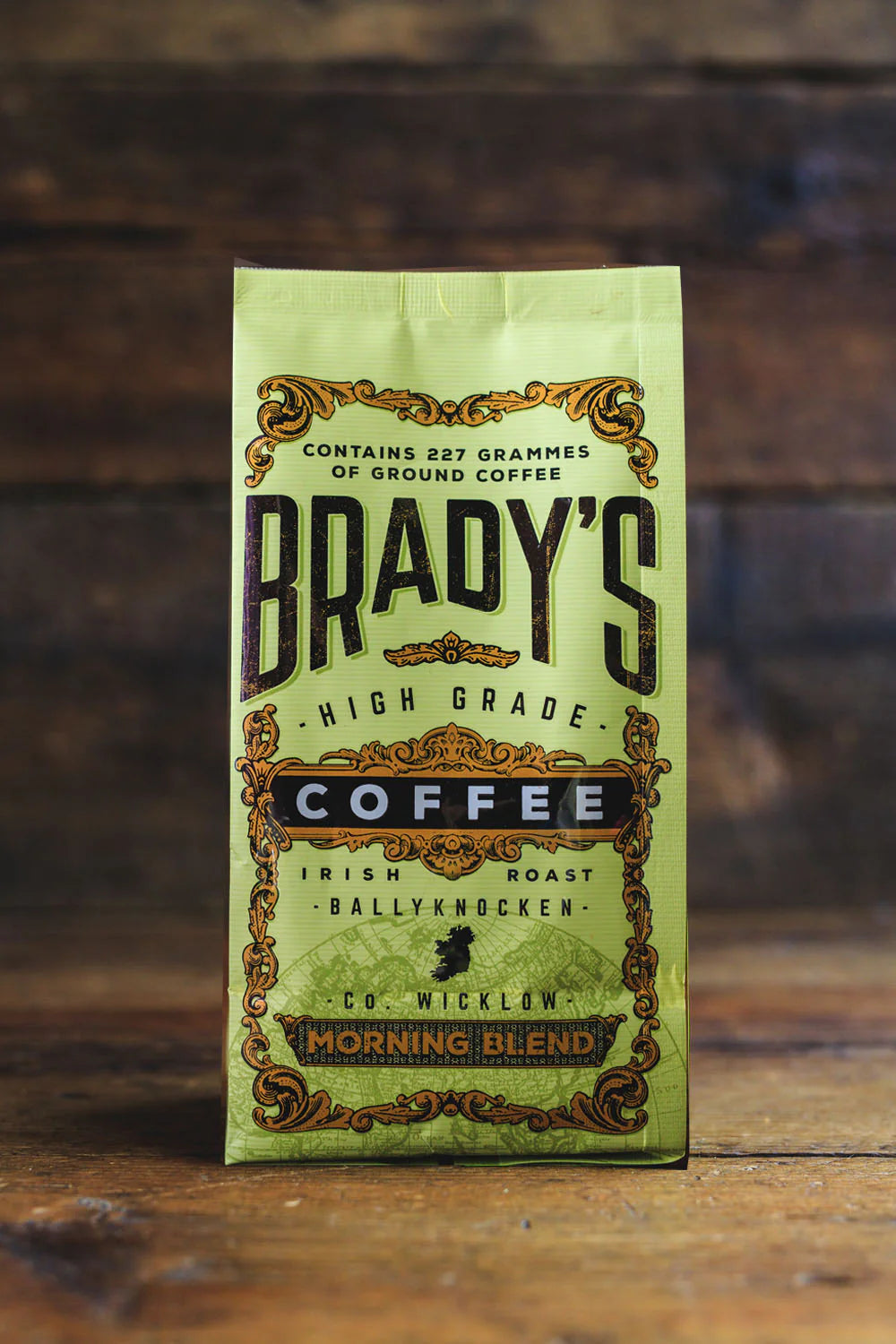 Brady's High Grade Coffee package on a wooden surface
