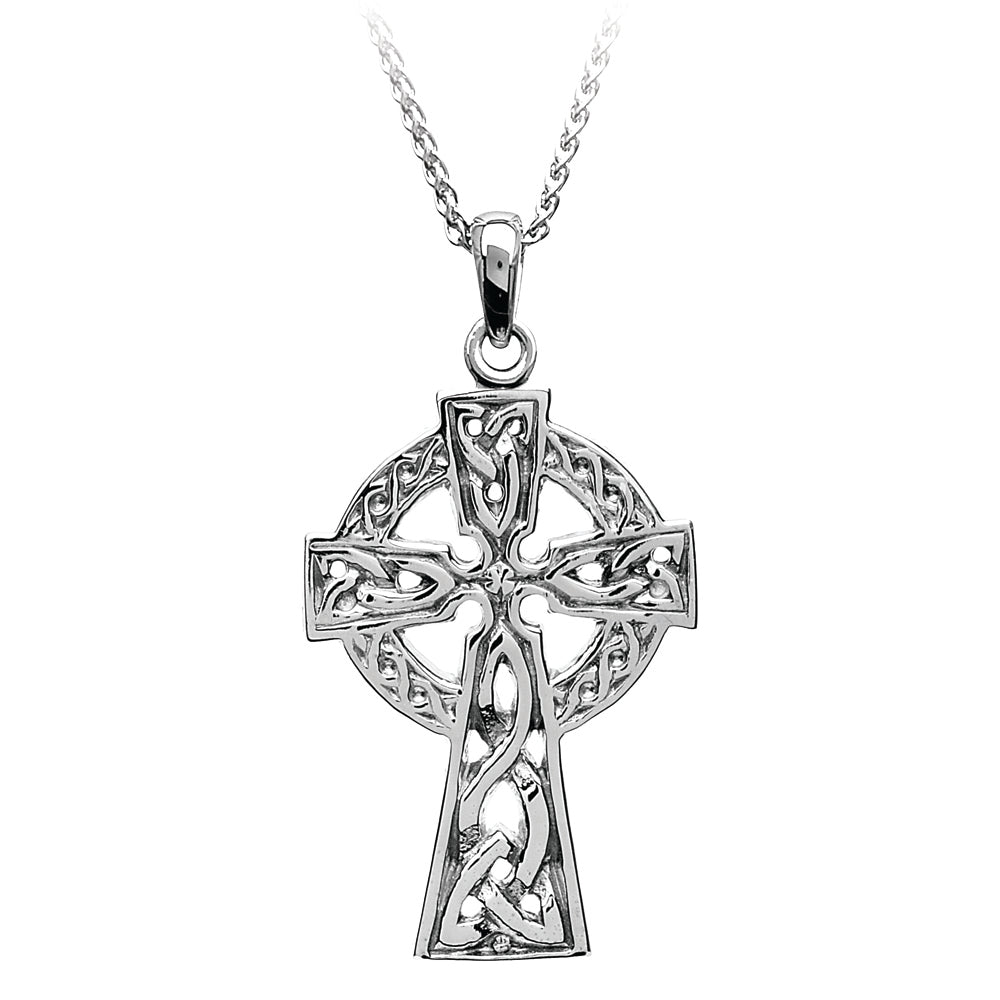 Silver Celtic cross pendant on a white background
