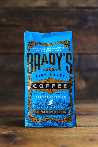 Brady's coffee package on a wooden surface with a rustic background