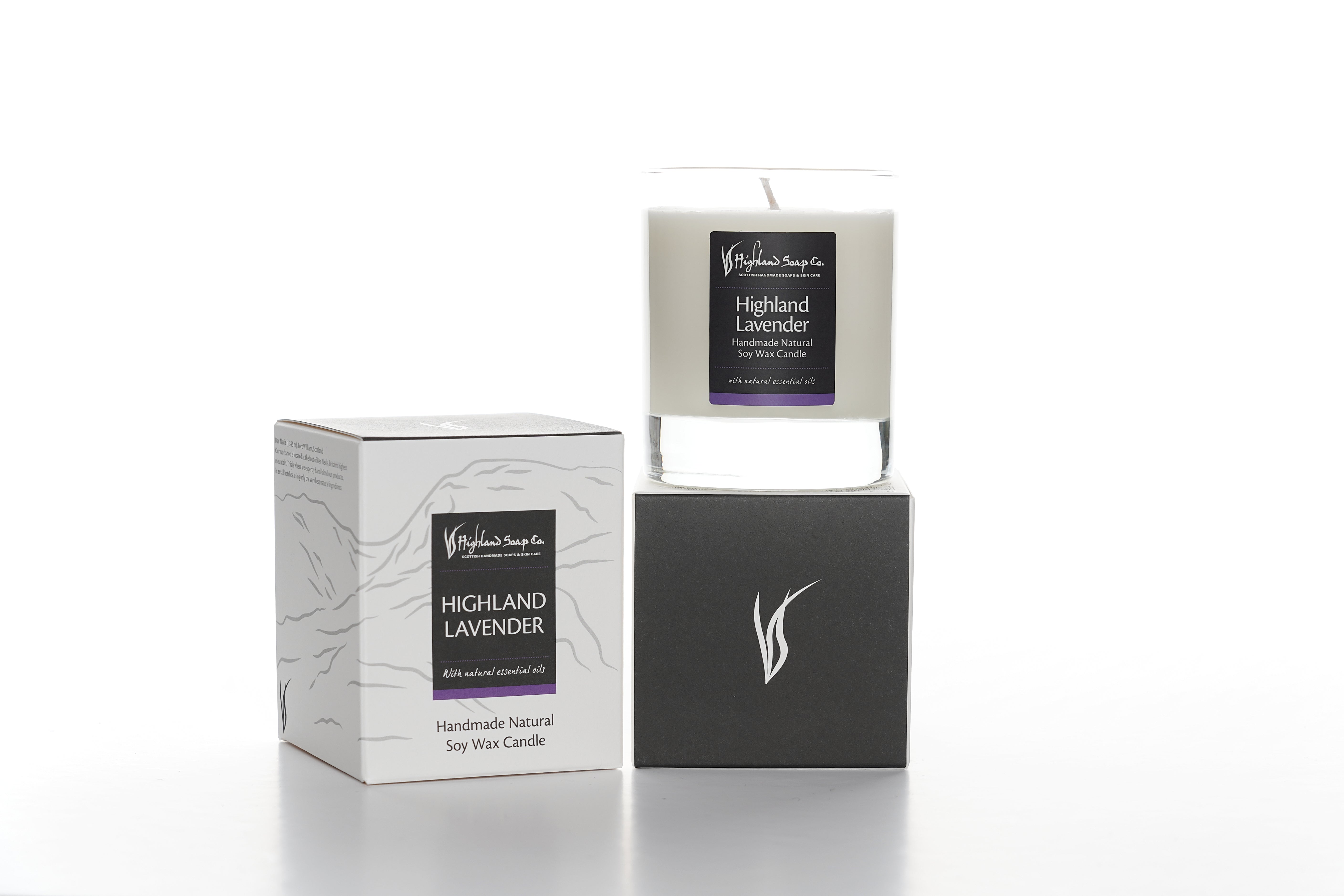 Highland Lavender candle and packaging on a white background