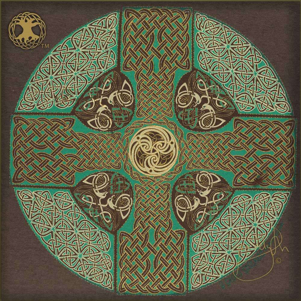 Celtic knot design with interwoven patterns on a brown background