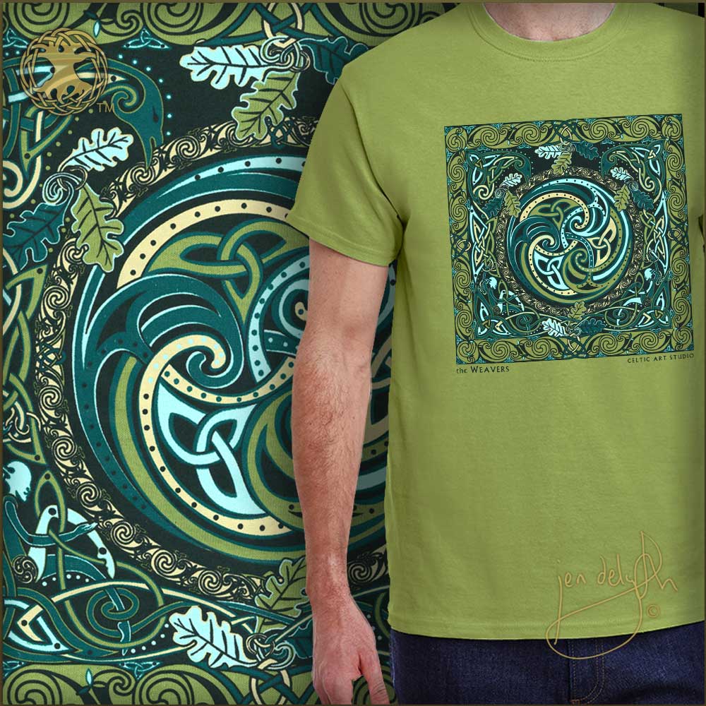 Person wearing a green t-shirt with a Celtic design in front of a colorful tapestry.