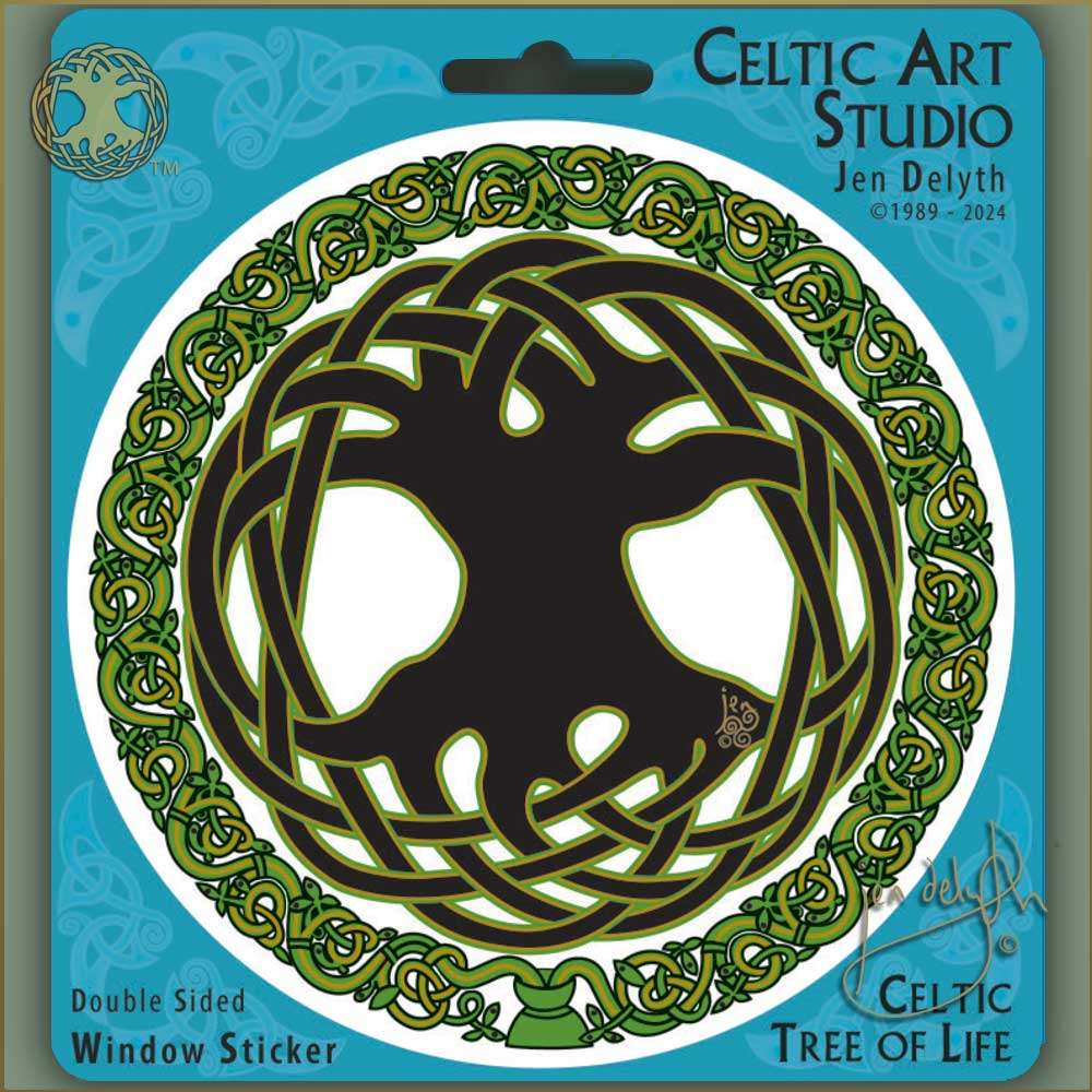Celtic Tree of Life window sticker on a blue card with 'Celtic Art Studio' branding.