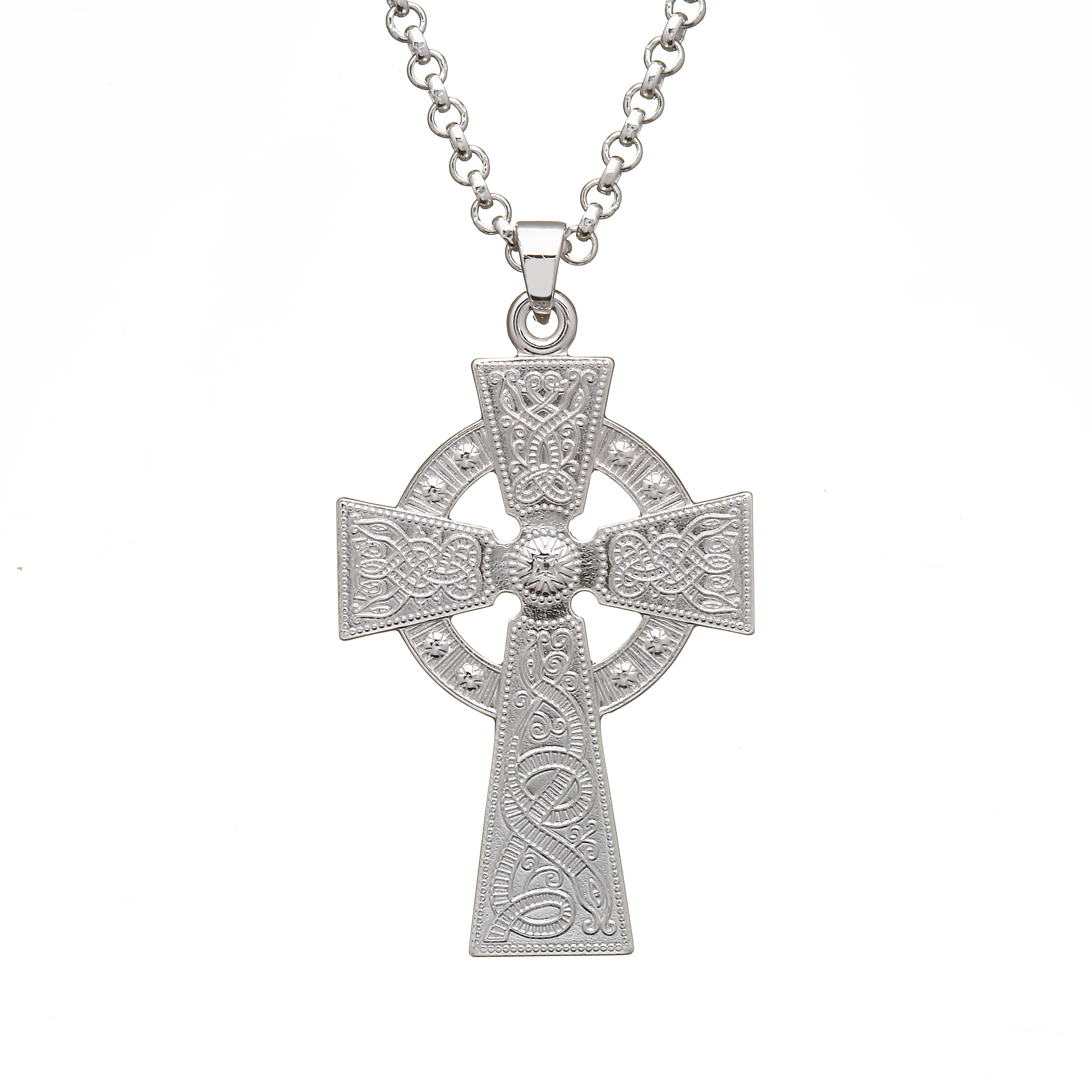 Silver Celtic cross pendant on a chain against a white background