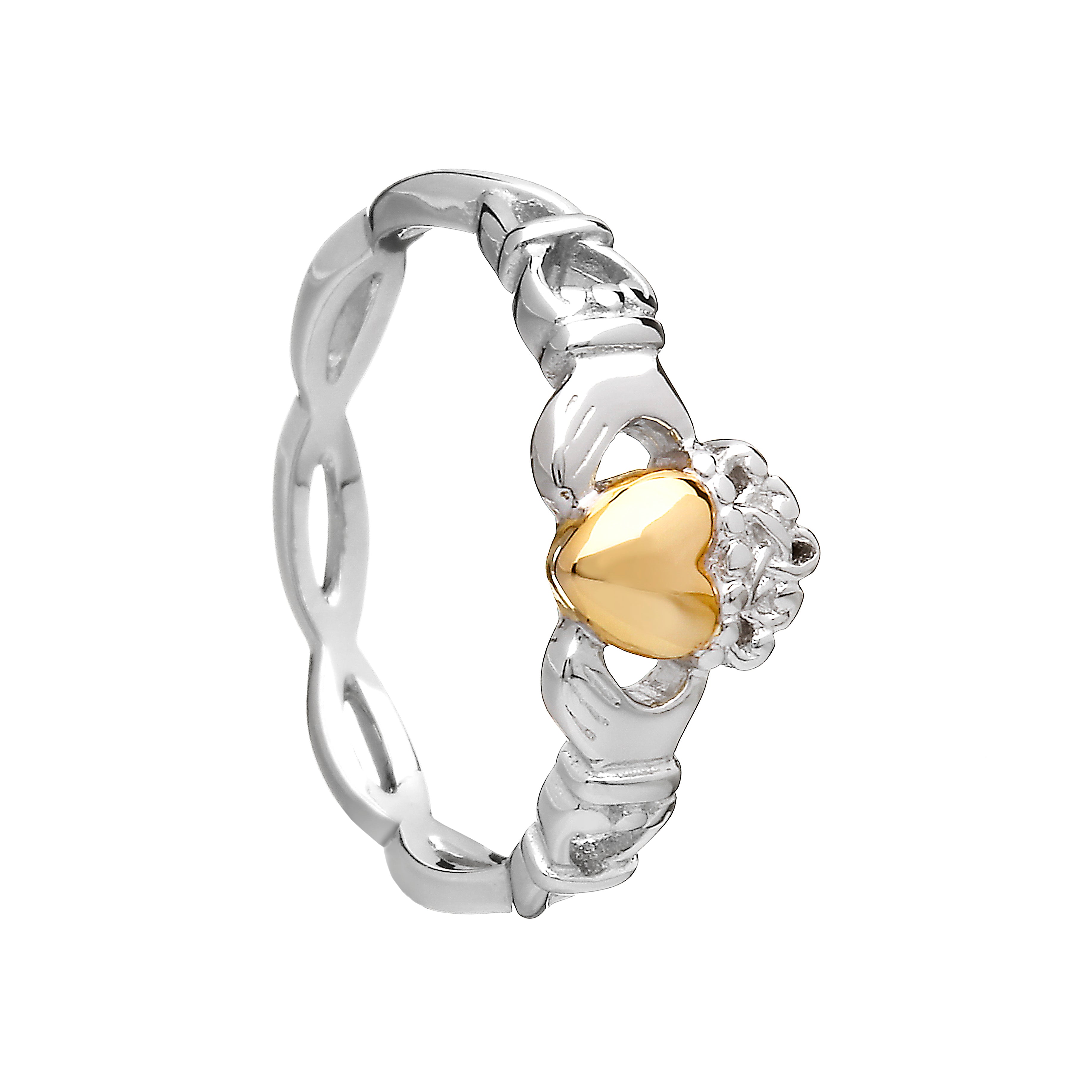 Silver claddagh ring with a gold heart-shaped center on a white background
