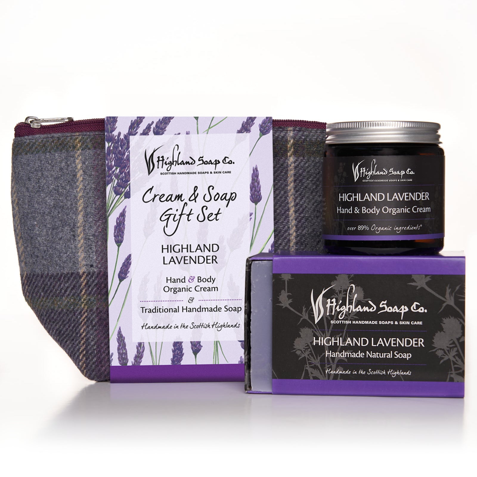 Highland Soap Co. gift set with cream, soap, and pouch on a white background