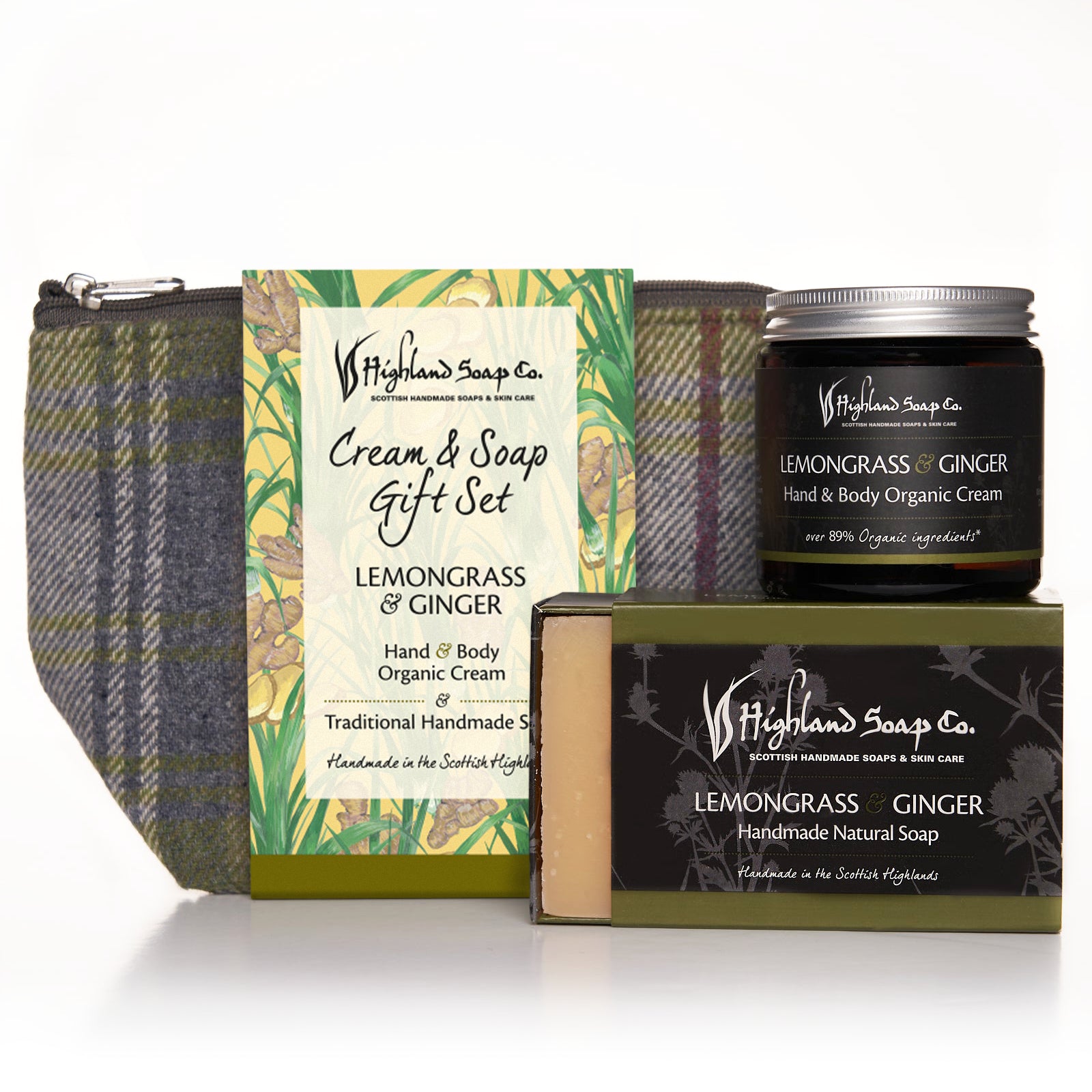 Highland Soap Co. Lemongrass & Ginger gift set with cream, soap, and pouch on a white background