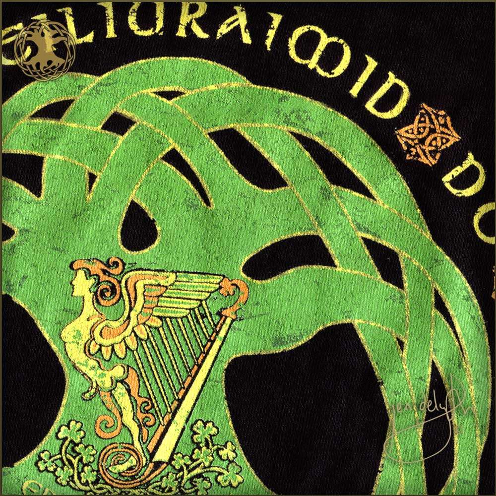 Decorative design with harp, woman, and text on a green and black background