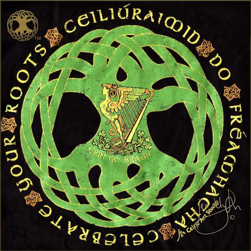 Decorative design tee shirt with Celtic knotwork and harp on a black background