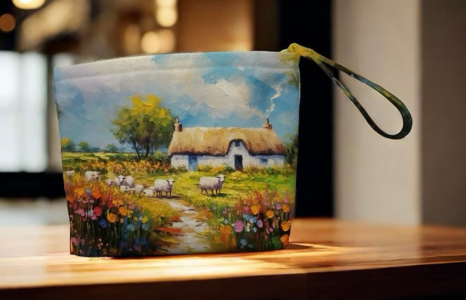 Pouch with a painted landscape design featuring a thatched cottage and sheep on a wooden surface.