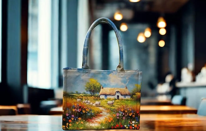 Handbag with a scenic painting of a cottage and field on a wooden table.