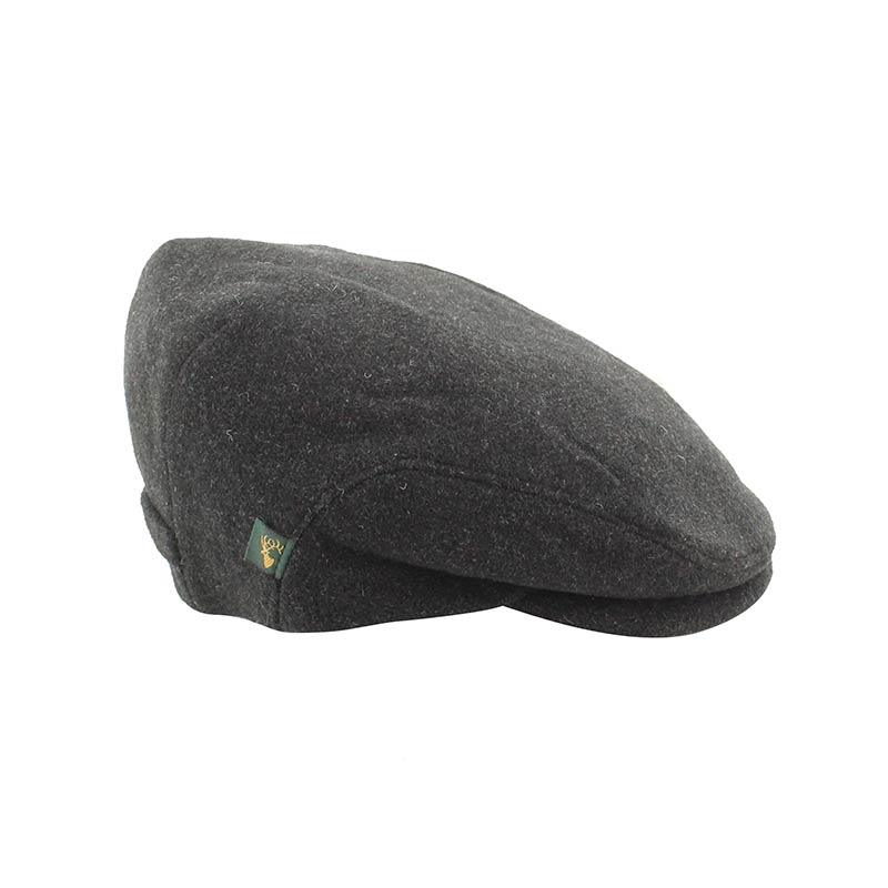 Dark gray flat cap with a brand logo on a white background