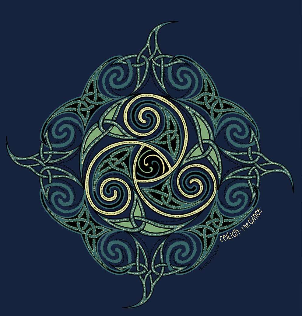 Decorative design with interlocking spirals on a dark blue background