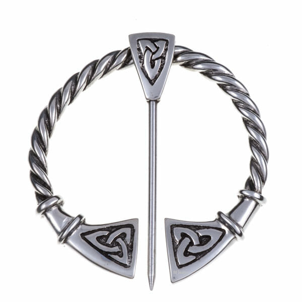 Pewter brooch with twisted design and triangular emblem on a white background