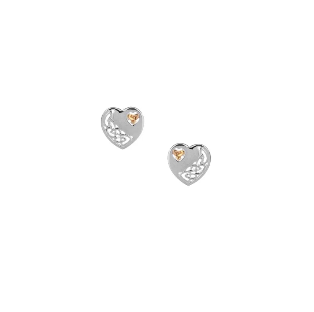 Pair of Celtic heart with yellow gold trinity knot stud earrings on a white background