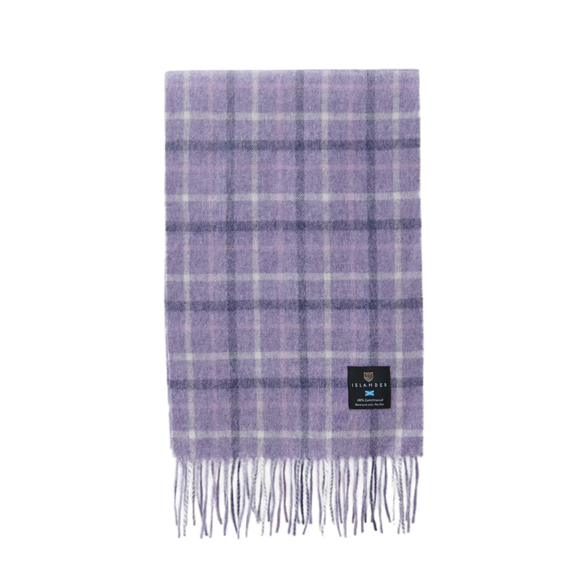 A purple and white plaid scarf with fringed ends and a small black brand label, shown flat against a white background.
