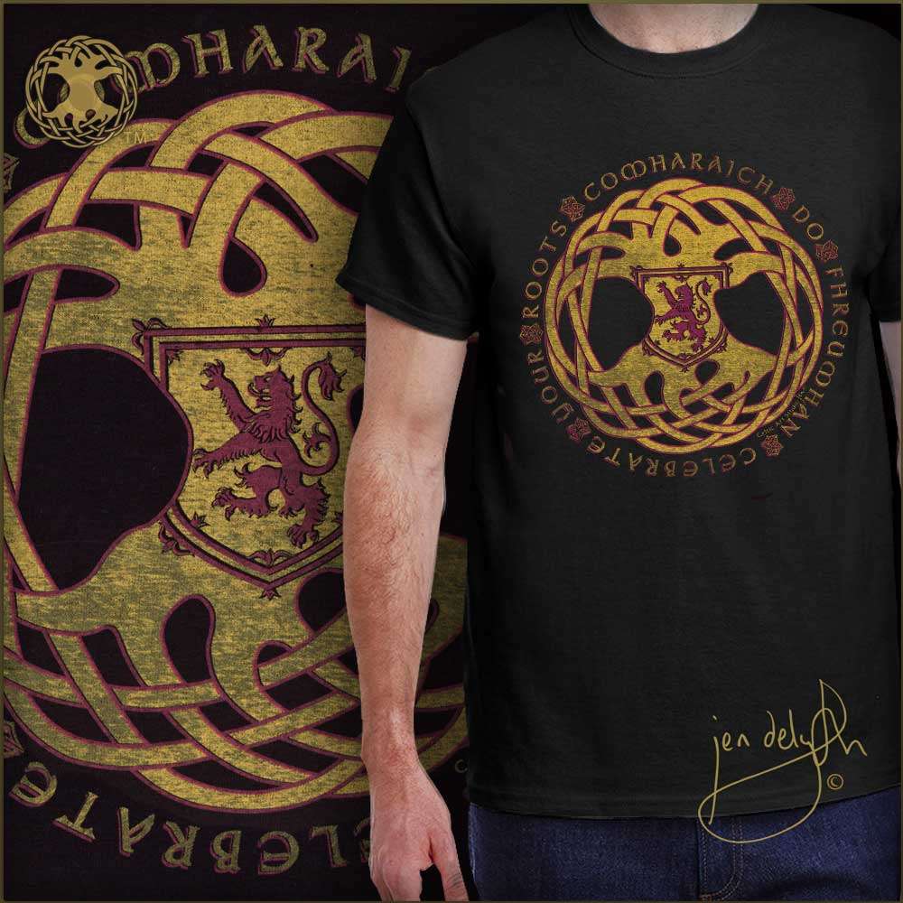 Black t-shirt with gold and red emblem and text, worn by a person, with a decorative background featuring similar design elements. Scottish rampant lion symbol.