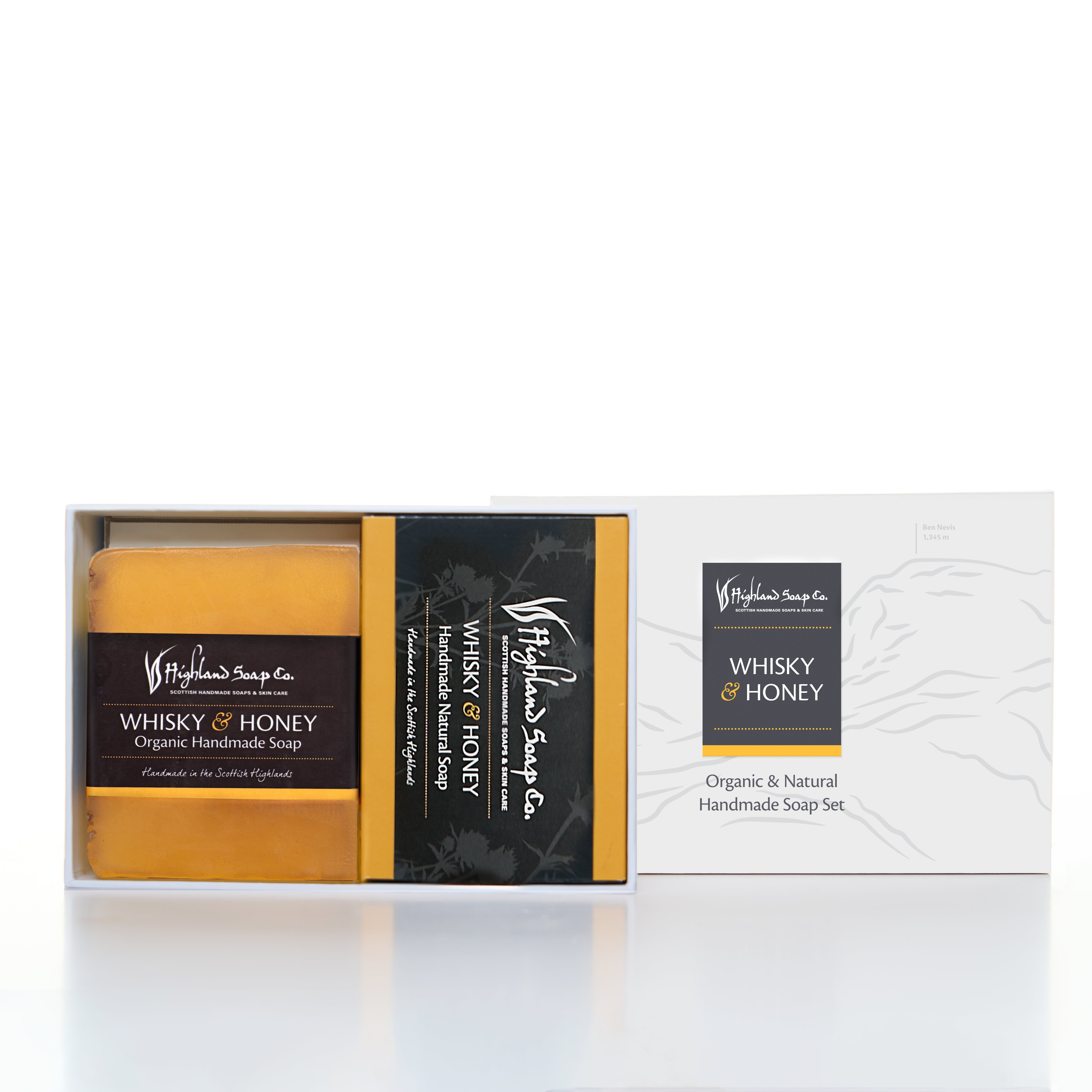 Whisky & Honey soap set with packaging on a white background