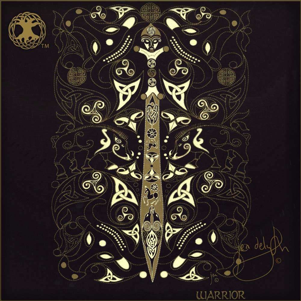 Decorative design of a sword with intricate patterns on a dark background, featuring the brand 'Warrior'.