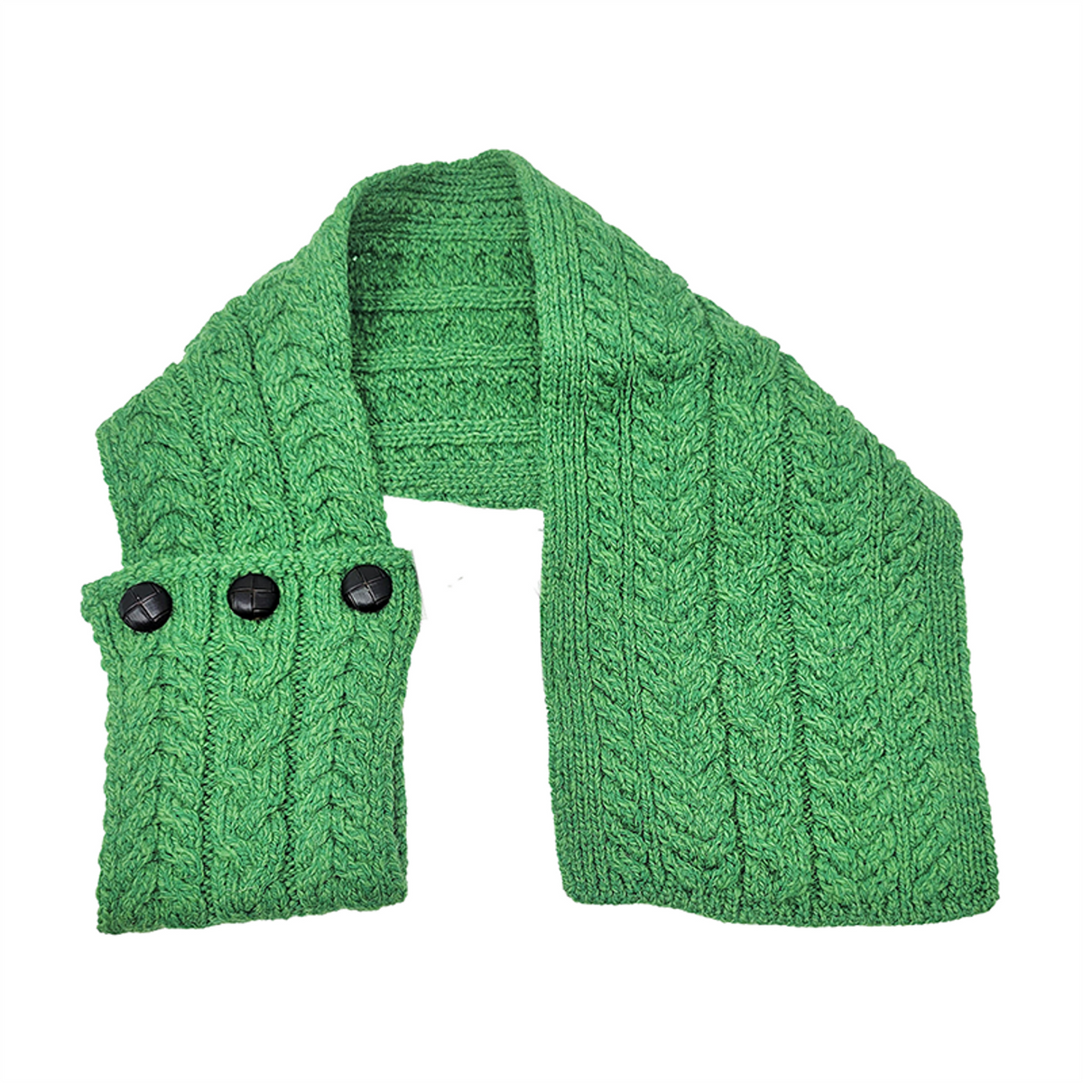 Green knitted scarf with button details on a white background
