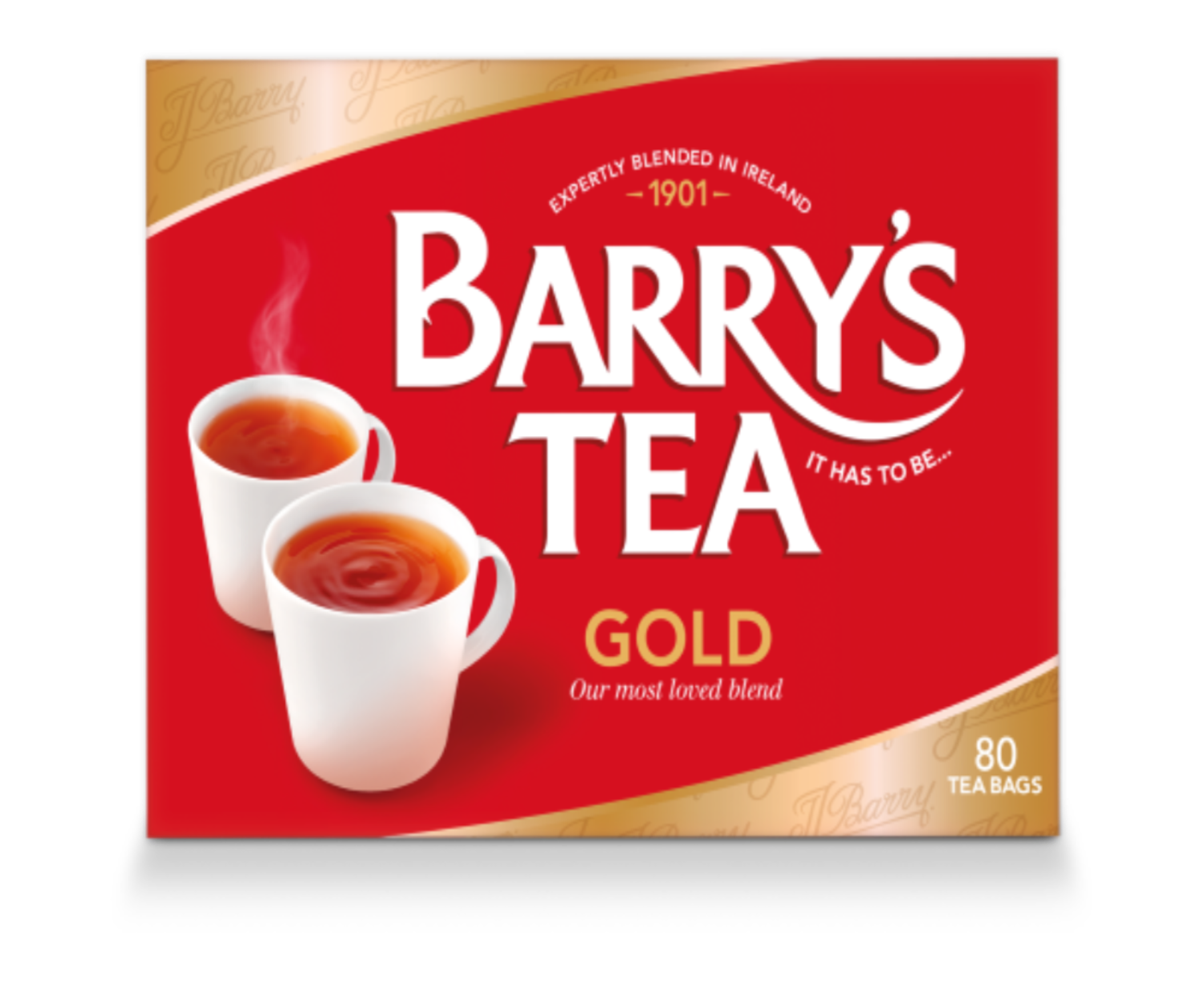 Barry's Tea Gold packaging with two cups of tea on a red background