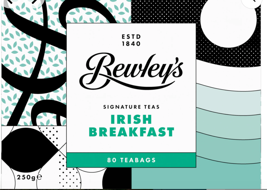 Bewley's Irish Breakfast tea packaging with a decorative background