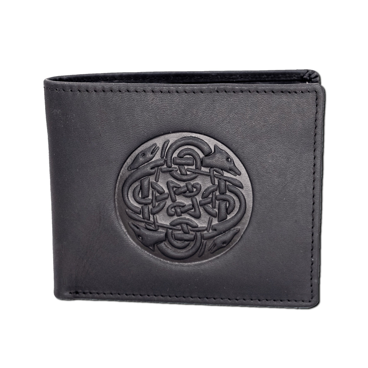 Black leather wallet with embossed design on a white background