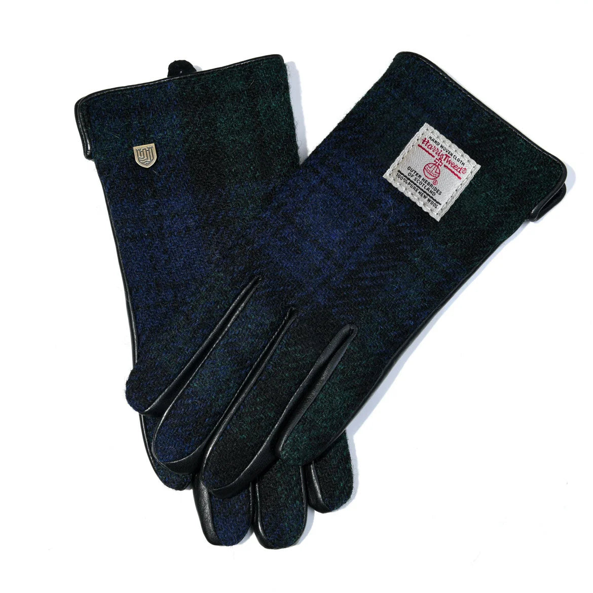 Pair of dark blue gloves with brand labels on a white background