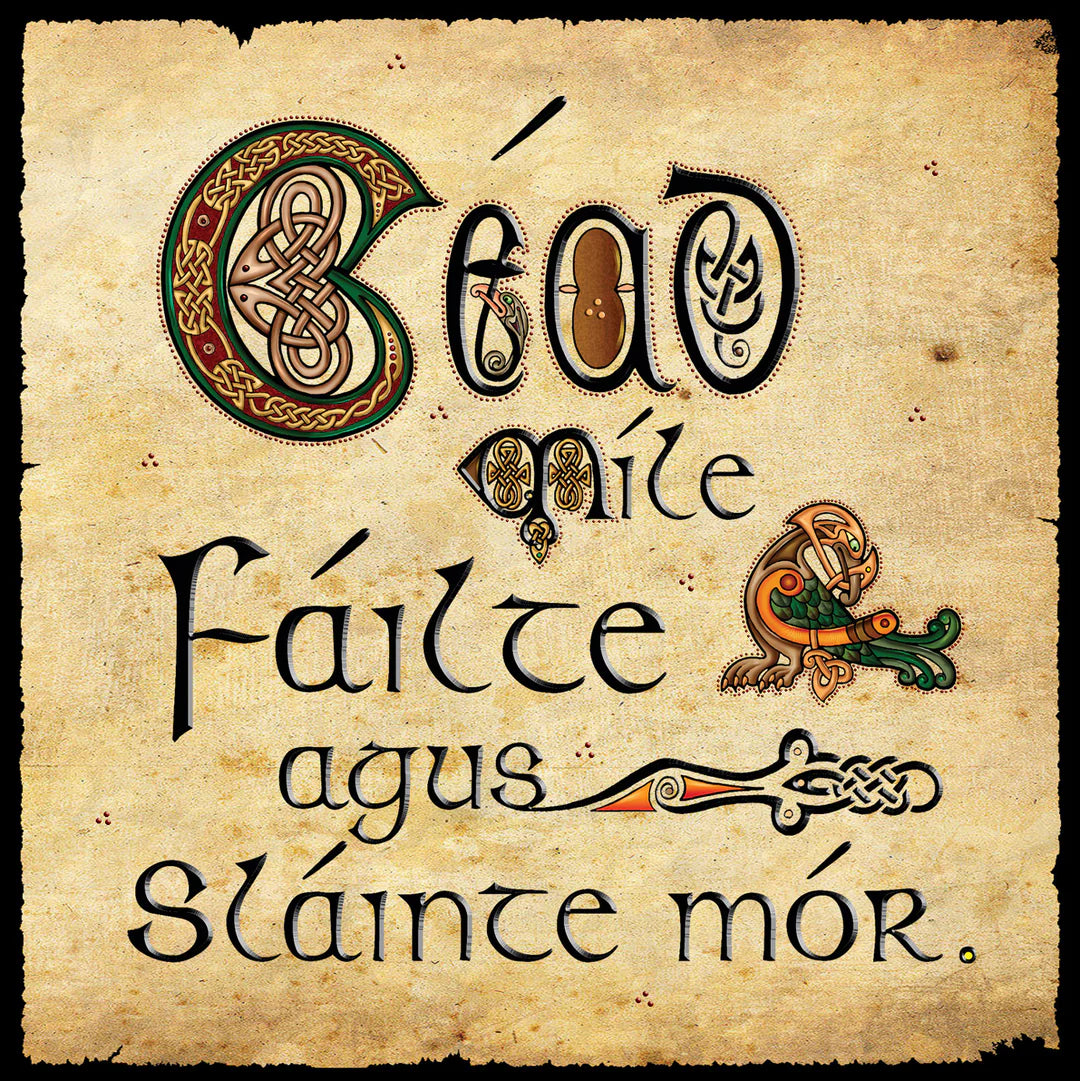 Decorative text with Celtic designs on a textured background