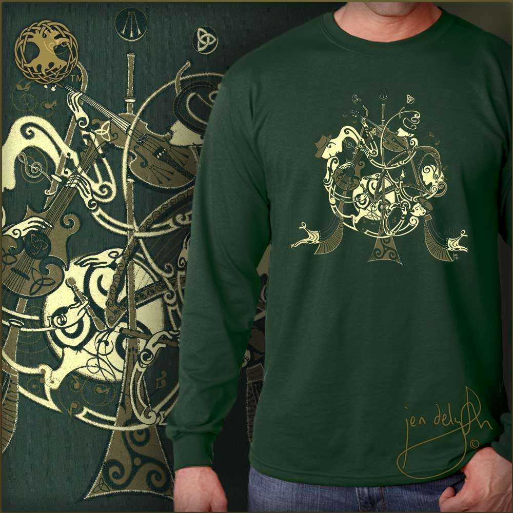 Green t-shirt with gold musical instrument design worn by a person, with a similar design in the background.