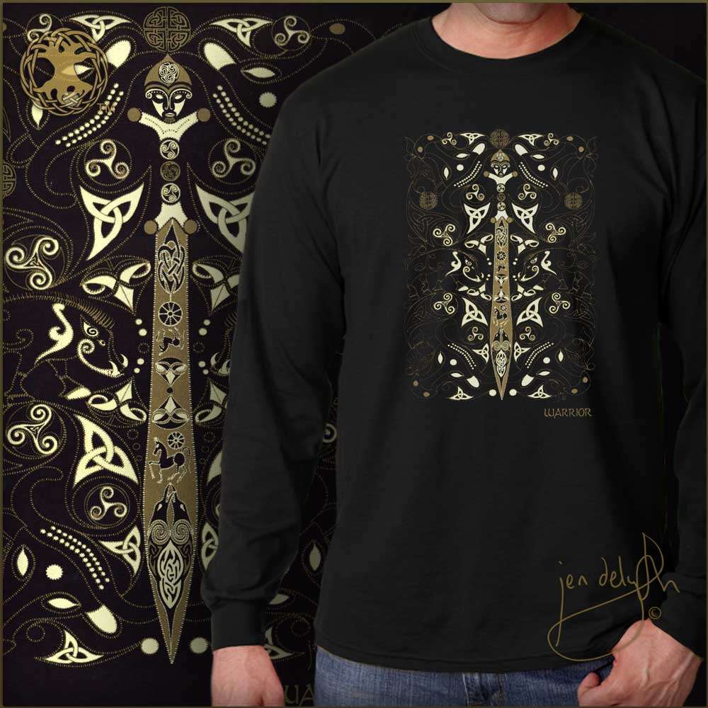 Black long-sleeve shirt with gold and white intricate design called celtic warrior worn by a person, with a decorative background.