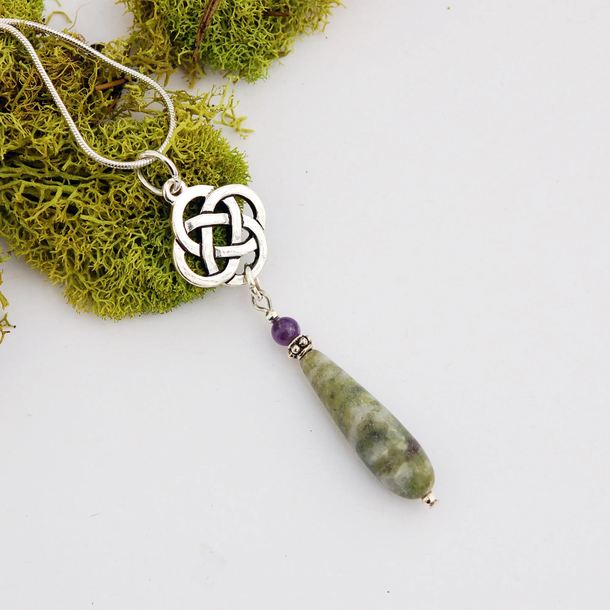 Long pendant with celtic knot and Connemara Marble and Amethyst