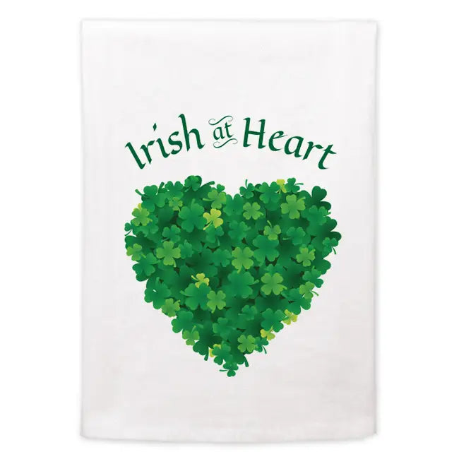 White towel with green shamrock heart and 'Irish at Heart' text on a white background