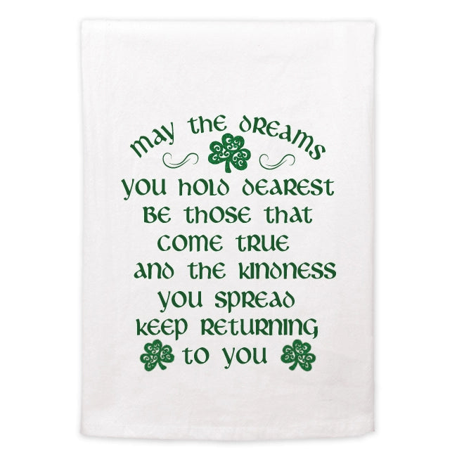 White towel with green text and shamrock symbols on a white background