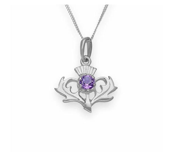 Silver Thistle pendant with a purple amethyst gemstone on a white background